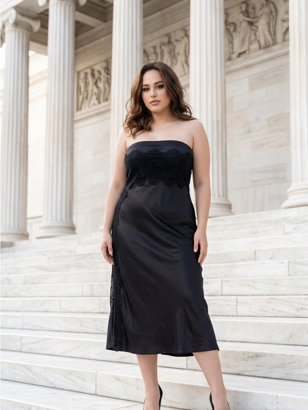 Forever 21 Strapless Black Lace-Trim Midi Dress